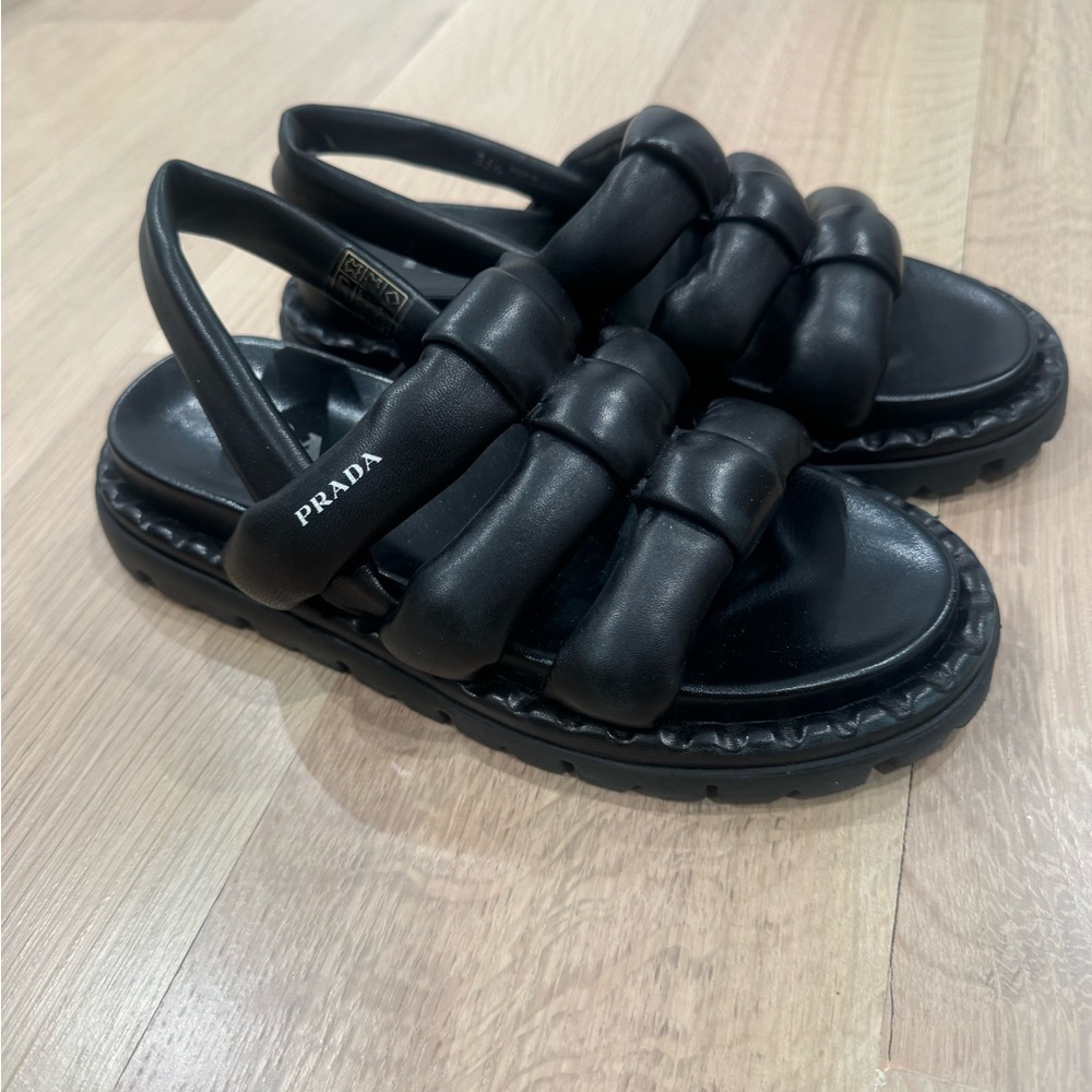 Prada Blow Black Padded Leather Logo Strappy Slingback Sport Sandal Flat 35.5/37